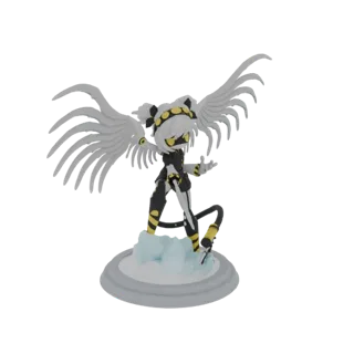 Modelo 3D do personagem Drone Nori com grandes asas brancas abertas, vestindo um traje preto e amarelo, em pé sobre uma base