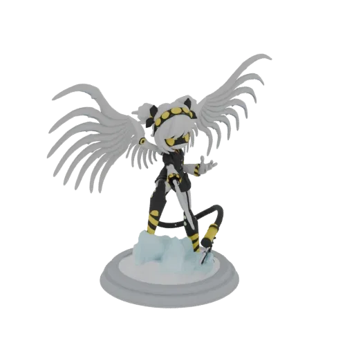 3D model of the Nori Drone character with large white wings spread, wearing a black and yellow suit, standing on a grey base