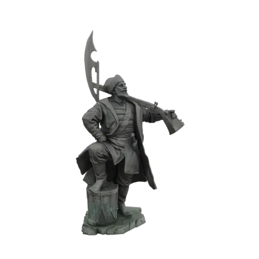 3D model of a Cossack warrior statue holding a musket and saber, standing on a drum.