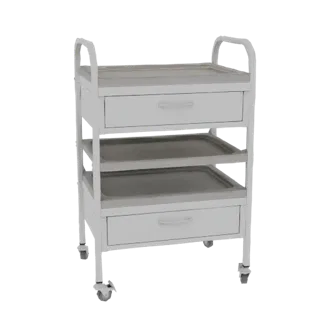 Render 3D de um carrinho médico branco e cinza com duas gavetas e duas bandejas abertas, sobre rodas.
