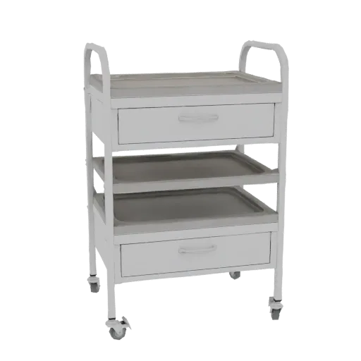 Render 3D de un carro médico blanco y gris con dos cajones y dos bandejas abiertas, sobre ruedas.