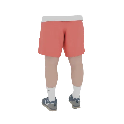 Back view of a 3D model showing red shorts with a white waistband, white socks, and blue and gray sneakers.
