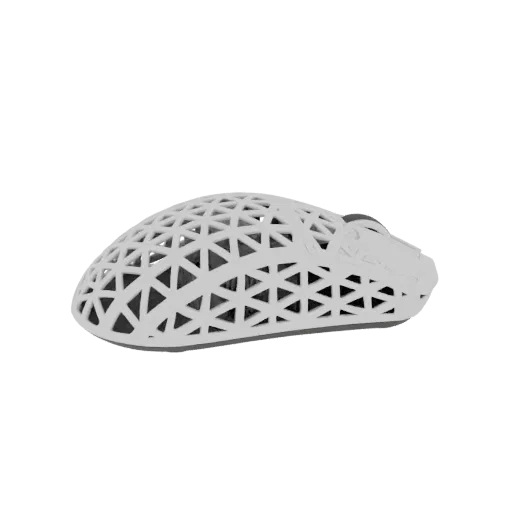 3D model of a white computer mouse with a geometric honeycomb shell design, viewed from the side.