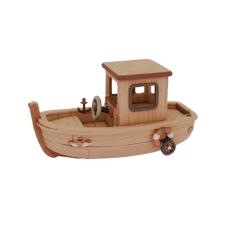 Modèle 3D d'un bateau jouet en bois pour enfants avec gouvernail, ancre et bouée de sauvetage, sur fond blanc