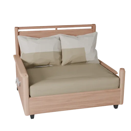 Storage Daybed game ready 3D model, front view studio render, with calibrated bed silhouette and material reads.