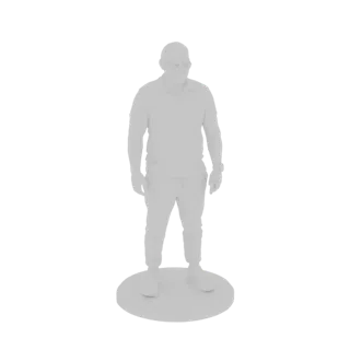 3D model of a man in casual clothes standing on a circular base, rendered in a light gray, monochromatic style.