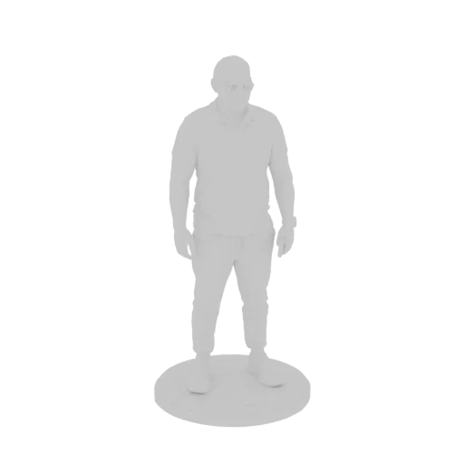 3D model of a man in casual clothes standing on a circular base, rendered in a light gray, monochromatic style.