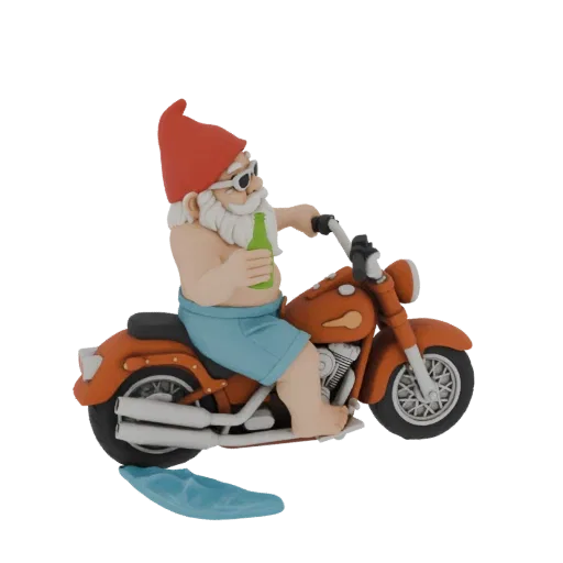 3D model of a gnome wearing sunglasses and a red hat, riding an orange motorcycle while holding a beer bottle.
