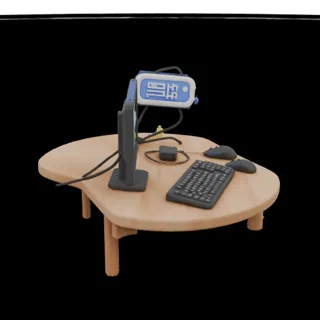 Computer desk with monitor, keyboard, and mouse