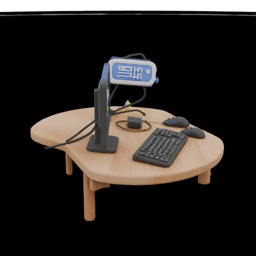 3D model of a computer desk with monitor, keyboard, mouse, and webcam on a black background