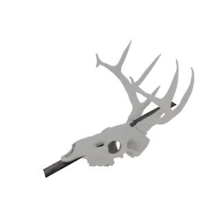 3D render of a white deer skull with a dark arrow piercing through its antlers and skull, set against a white background.