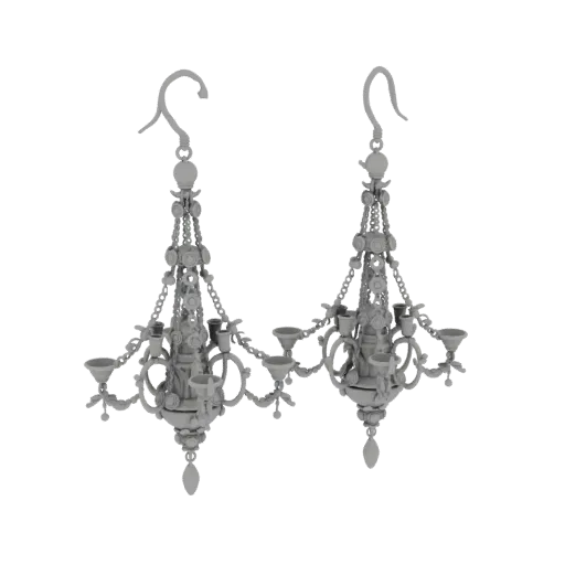 Gold Chandelier Drop Earrings 3D model, isometric collectible display render, gold finish.