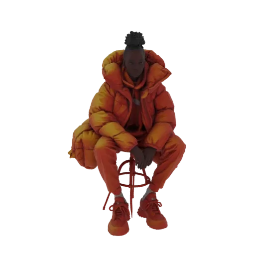 3D model of a fashion model wearing an oversized orange puffer jacket and matching pants, sitting on a red stool.