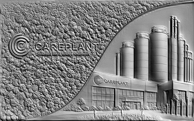3D model of CAREPLANT factory bas-relief with tall silos, company logo, and textured background.