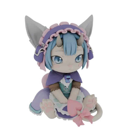 3D model of a chibi cat girl with blue hair, oni horns, cat ears, and a maid outfit, sitting with a pink heart accessory.