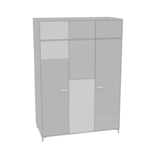 3D model of a modern three-door wardrobe with textured panels on the top left and right doors, and a lighter central panel.