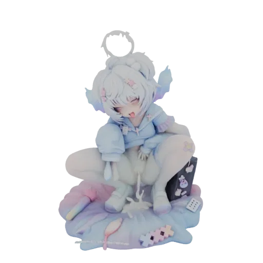 3D model render of a cute fairy girl with white hair, closed eyes, and pastel wings, sitting on a fluffy cloud-like base with