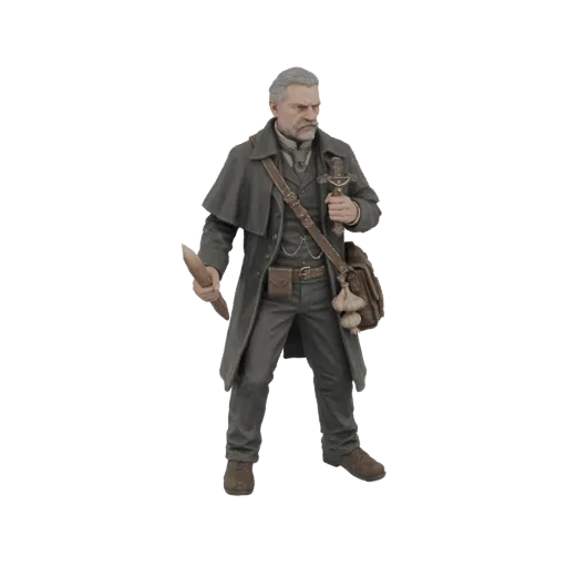 3D model of a Victorian vampire hunter with a dagger and garlic, wearing a trench coat and satchel.