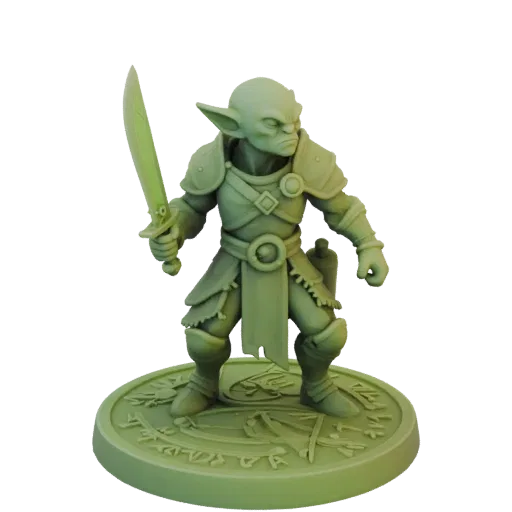 Fantasy Goblin Kämpfer Rush Miniatur STL, Drei-Viertel-Tabletop-Render, harzdruckbare Gegner-Miniatur mit Rüstung, Beutel; Ja