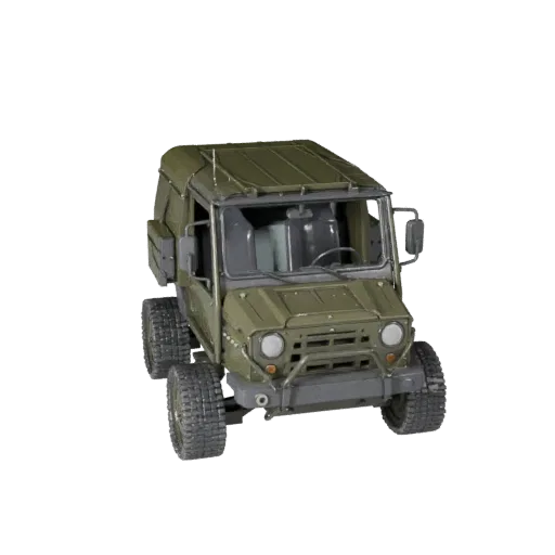 Militär-Jeep 3D-Modell, Drei-Viertel-Spiel-Viewport, Unity-fähiges Fahrzeug-Asset mit Panzerungsmassen, robuster Rad- oder Ke