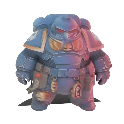 3D model of a stylized, chubby Space Marine in blue power armor with gold accents and red glowing eyes.
