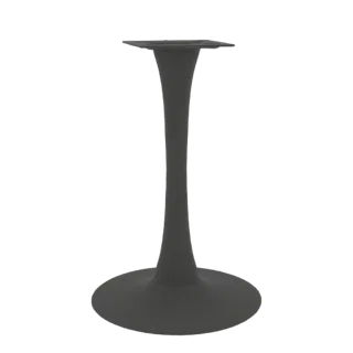 A 3D model of a dark gray, modern pedestal table base with a tulip-inspired silhouette, featuring a wide circular base and a