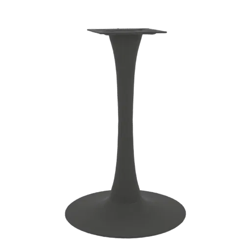 Modelo 3D de base de mesa pedestal moderna cinza escuro, com silhueta inspirada em tulipa, base circular larga e tampo quadra