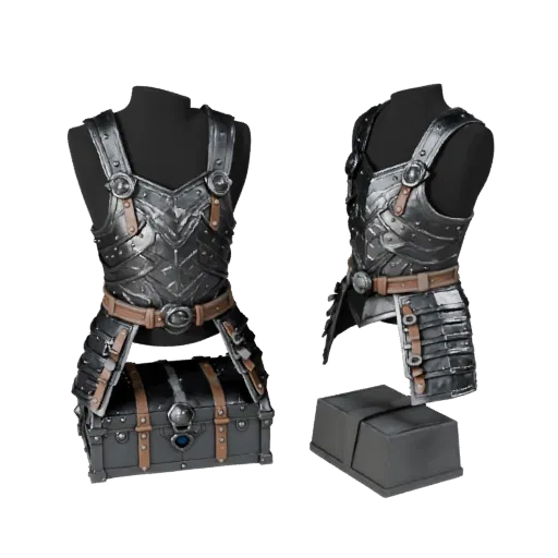 Fantasy Brustpanzer druckbares 3D-Modell, isometrische STL-Renderung, zeigt Metallplatten, tragbare Schutzsilhouette.