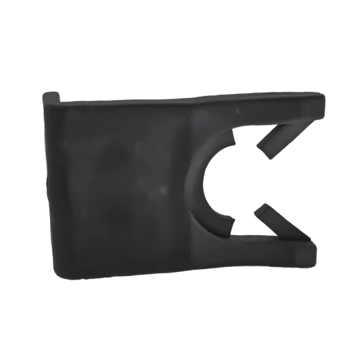 3D model render of a black plastic window regulator clip, showing its C-shaped opening and mounting tabs.