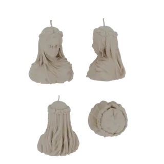 Modelo 3D de molde de vela com busto de mulher clássico, mostrando vistas frontal, lateral, traseira e superior, com tecido d
