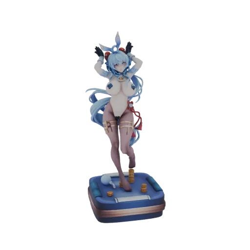 3D model of a bunny girl figure with blue hair, wearing a white outfit, posing on a poker table base with gold coins.
