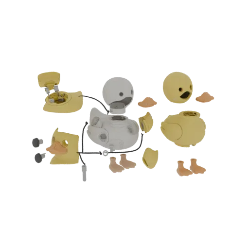 3D model of a rubber duck toy, shown both assembled and with its parts disassembled.