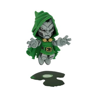 3D model of a chibi Doctor Doom character floating with a green cape and mask, with a green puddle below.