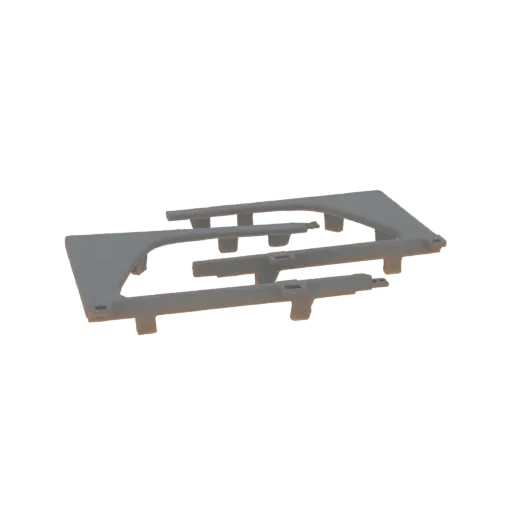 Modelo 3D de un marco de plástico gris con múltiples estructuras de soporte entrelazadas, visto desde un ángulo ligeramente e