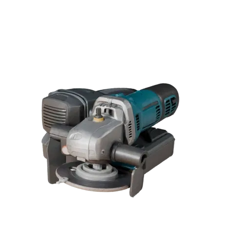 Kompakt-Winkelschleifer hochauflösendes 3D-Modell, Nahaufnahme Studio-Rendering, zeigt geformten Kunststoff, ergonomische Gri