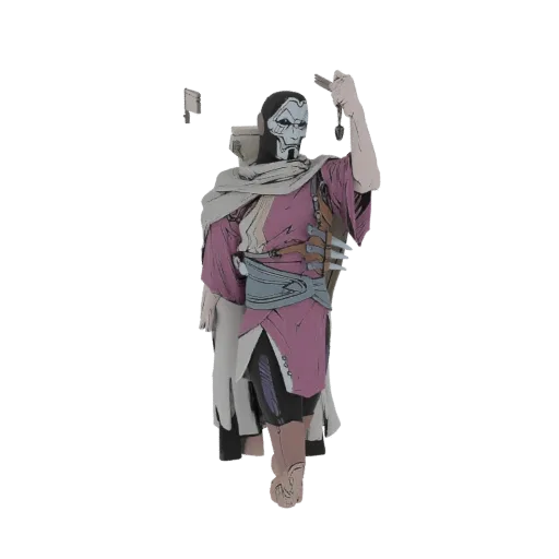 3D model of Jhin the Virtuoso from League of Legends, depicted in a dramatic pose with his mask and weaponry.
