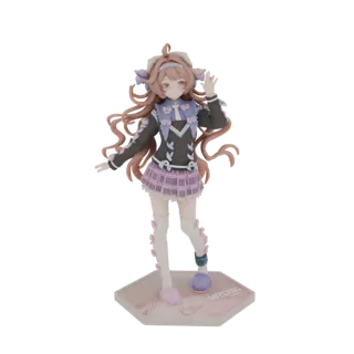 Modelo 3D de una figurita de chica anime con falda a cuadros morada, cabello castaño y un atuendo adorable, de pie sobre una