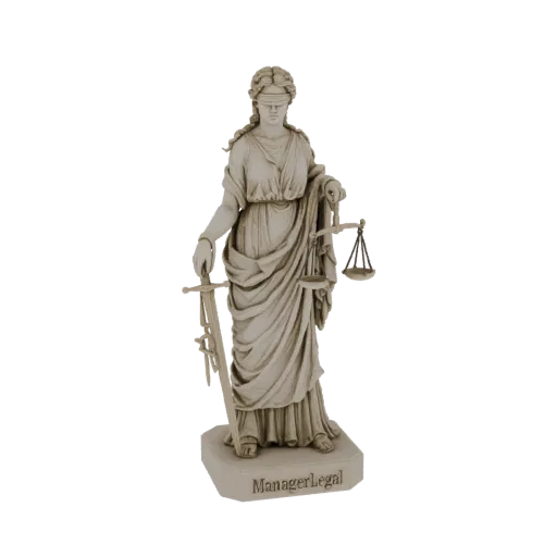 3D model of the Lady Justice statue, blindfolded and holding scales and a sword, with 'ManagerLegal' inscribed on the base.