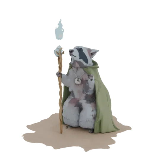 3D model of a mystical raccoon wizard wearing a green cloak and holding a glowing magical staff, standing on a sandy base.
