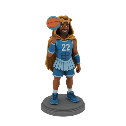 3D model of a basketball player wearing a lion's mane hood and jersey number 22, balancing a basketball on his finger.