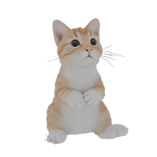 Modello 3D di un simpatico gatto tabby arancione seduto dritto con le zampe anteriori unite, che guarda verso l'alto con occh