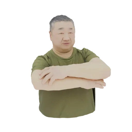 3D-Modell eines Mannes mittleren Alters mit kurzen grauen Haaren, der ein olivgrünes T-Shirt trägt und die Arme verschränkt.