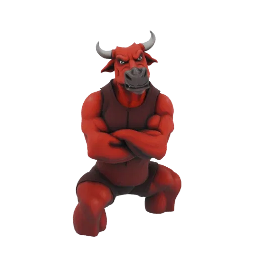 3D model of a red, muscular bull warrior with horns and crossed arms, standing in a powerful pose.