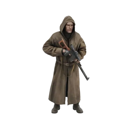 3D model of a hooded sniper figure in a brown coat, holding a scoped rifle, with a serious expression.