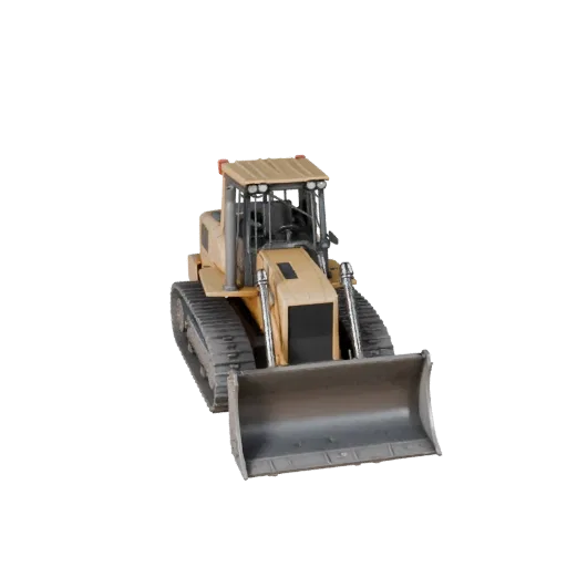 Bagger 3D-Modell, Seitenprofilansicht, technischer Viewport-Render, zeigt lackierten Stahl, Formdetails.