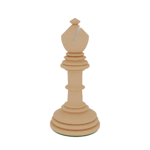 A 3D render of a classic bishop chess piece with a light wood texture, set against a black background.