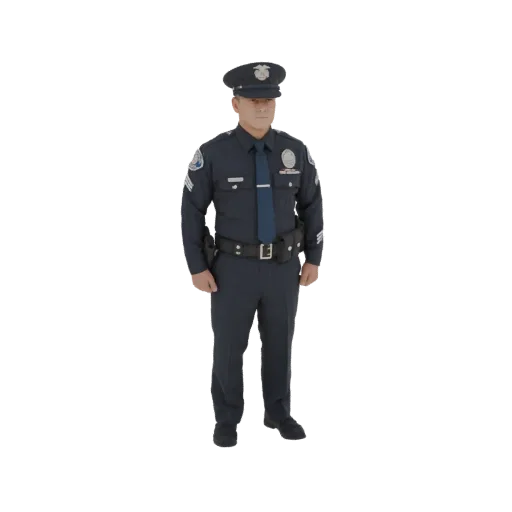 3D model of a male police officer in a dark blue uniform, standing at attention with hands at sides.