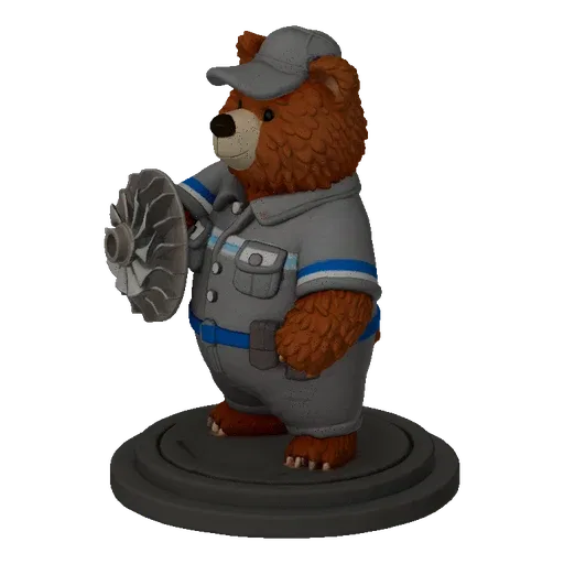 3D model of a brown bear wearing a mechanic's uniform and cap, holding a detailed turbine fan.