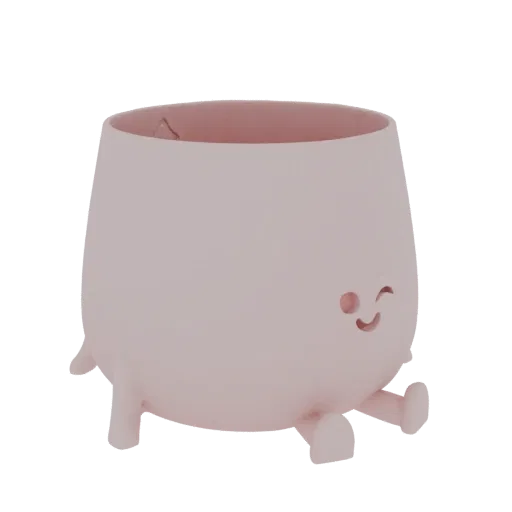 A 3D render of a cute, pink, rounded pot with short legs and a winking face, set against a black background.