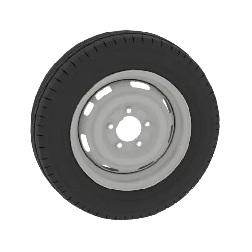 A 3D render of a classic steel car wheel with a black tire, presented against a white background.
